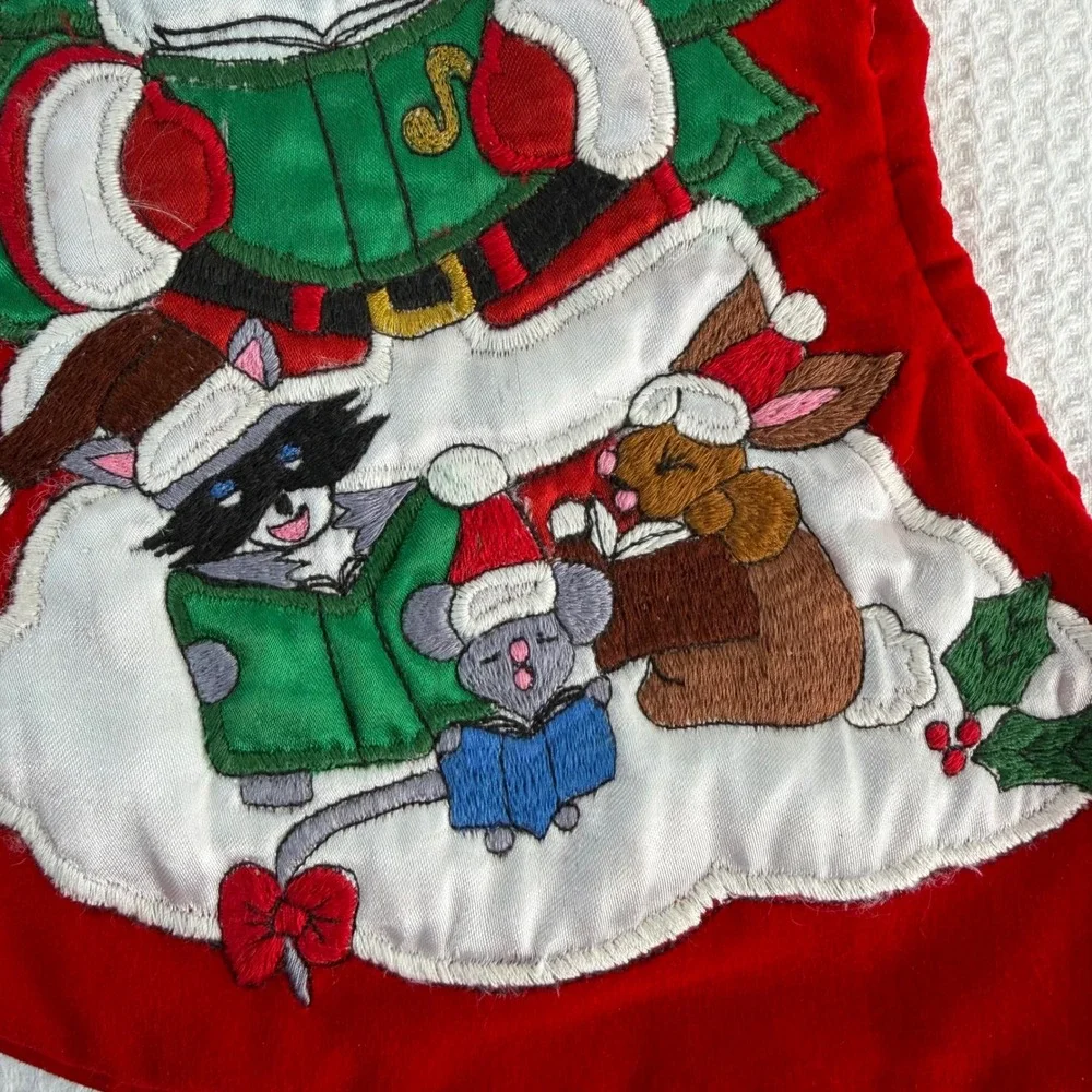 Vintage Style Red Velvet Embroidered Santa and Animals Christmas Stocking 15in